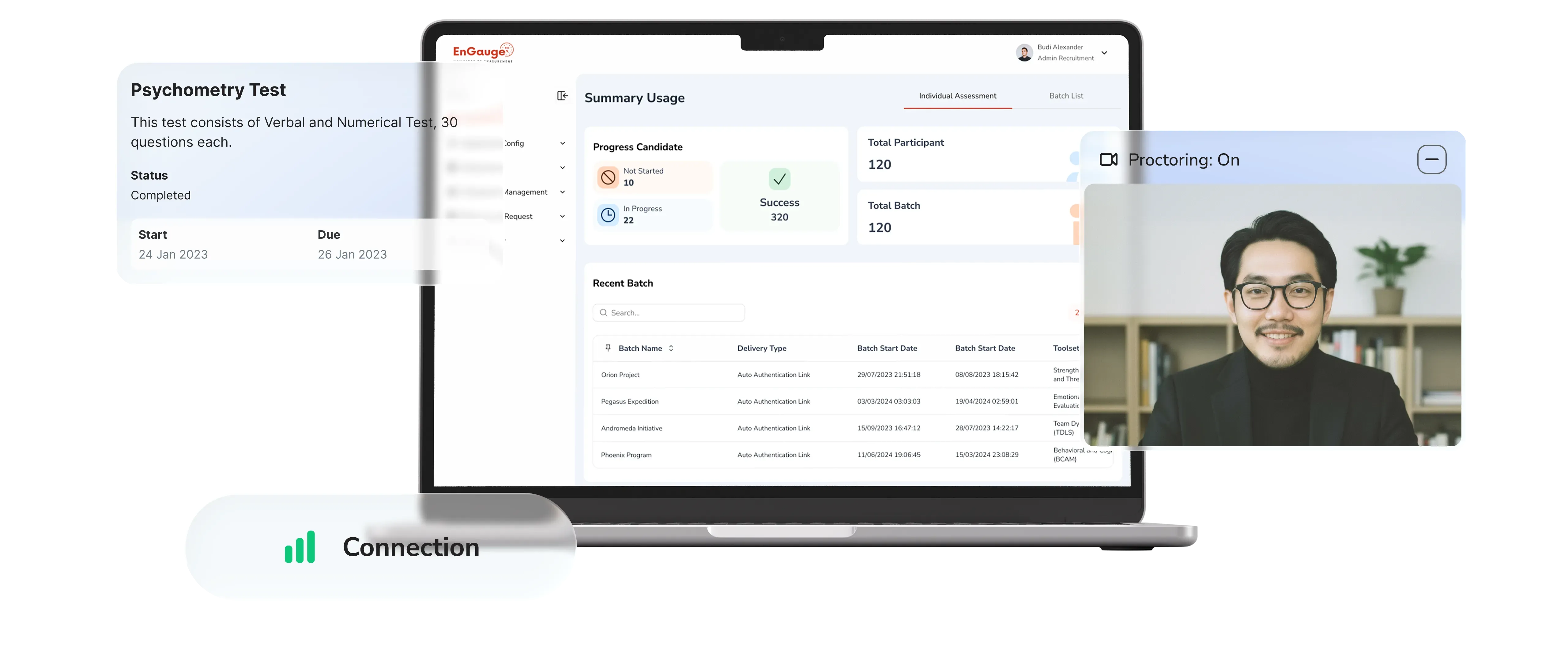 Dashboard mockup menampilkan antarmuka platform EnGauge untuk manajemen talenta